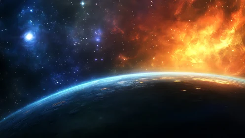 Planet horizon under star field and intense stellar flare