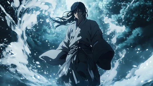 Samurai figure commands swirling aqueous energy in dynamic frame