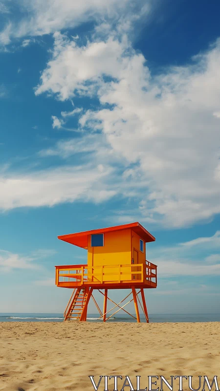 Vibrant orange lifeguard tower on sunlit sandy shoreline.