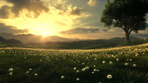 Golden sunset over a gentle daisy meadow and quiet hills.