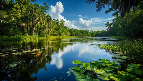 Lush river wetland with lily pads under bright blue sky.