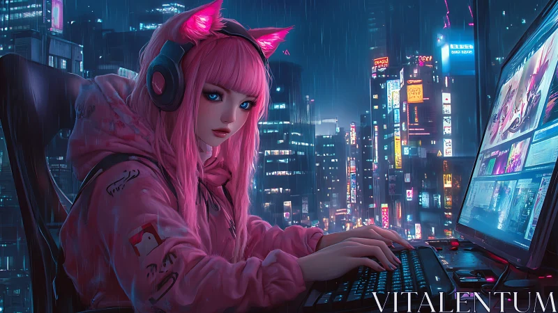 Pink haired gamer at PC in rainy neon cityscape at night.