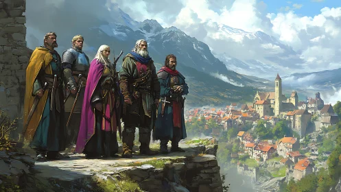 Guardians on the cliffside above a sunlit mountain city.