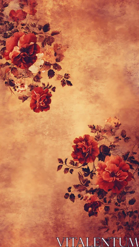 Vintage roses adorn textured sepia background vertically