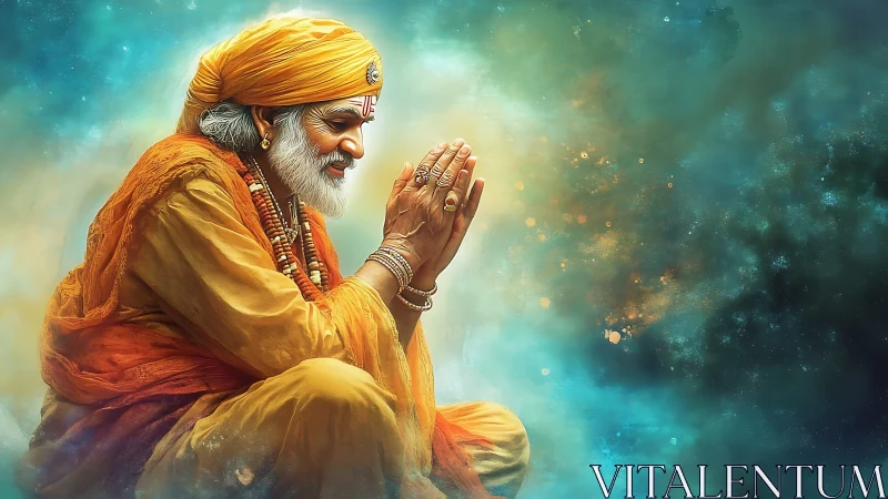 Elderly holy man kneels in prayer against glowing abstract sky