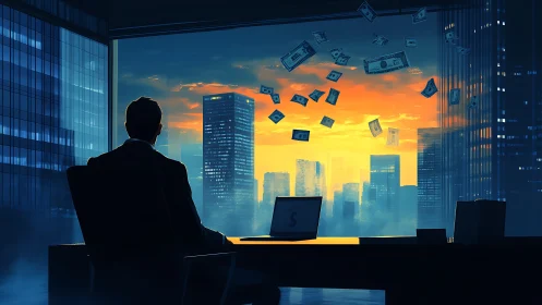 Executive in office watching money float over city skyline.