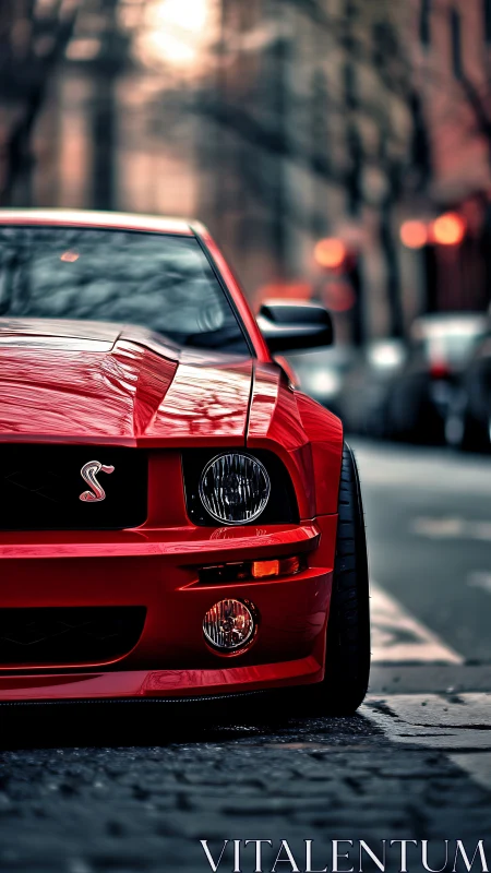 Red muscle car glows against a moody urban street backdrop