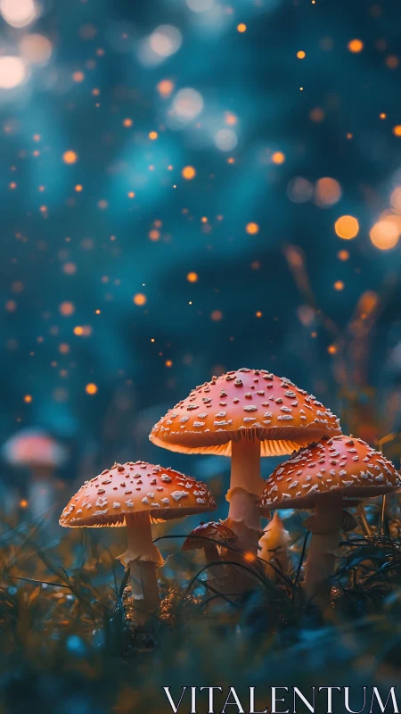Cluster of red mushrooms stands in shallow forest ground