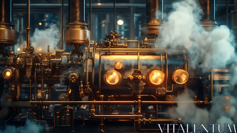 Steam powered industrial engine with brass piping system.