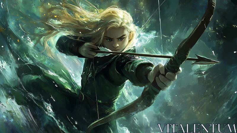 Kinetic elven archer in turbulent chromatic vortex field.