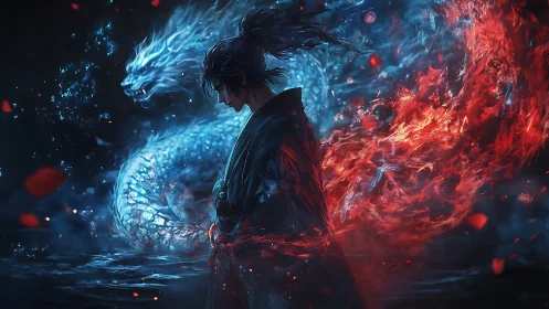 Warrior with elemental dragon and fire in dark balance.