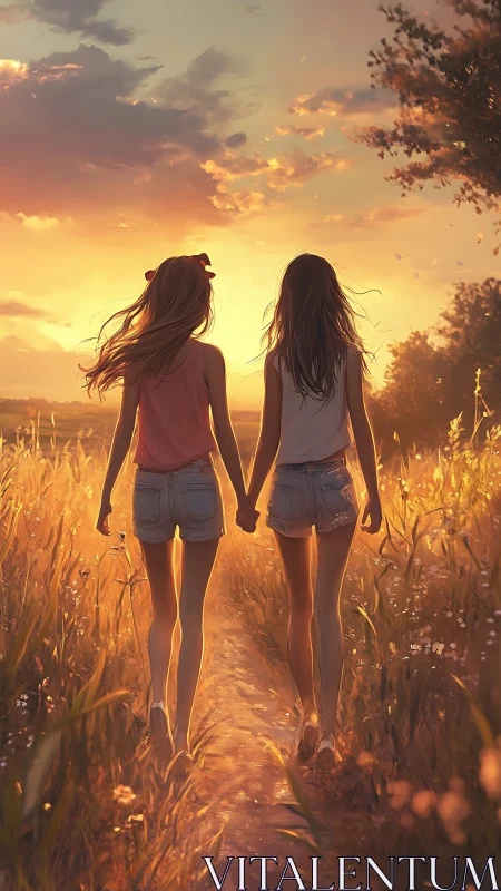 Backlit summer field walk with rim-lit figures and warm haze