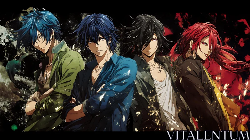 Four anime antiheroes stand amid abstract splatter chaos.