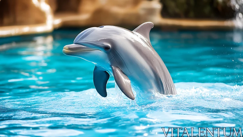 Bottlenose dolphin arcs from bright turquoise pool water