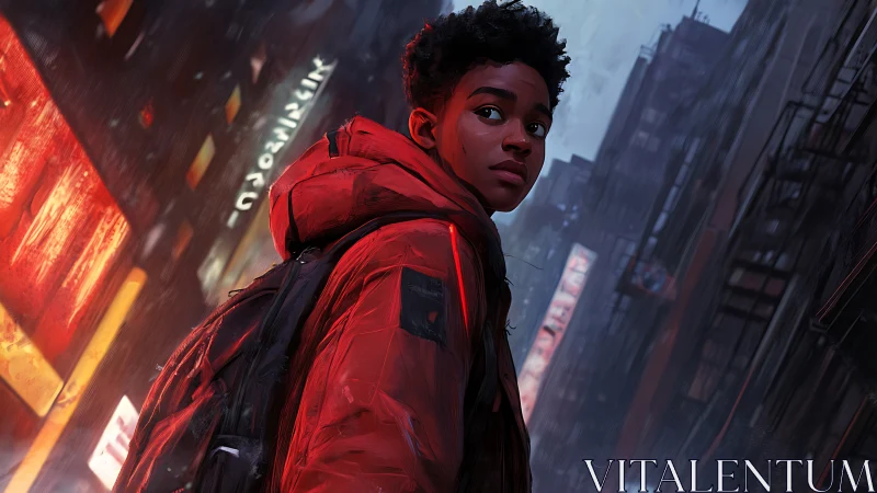 Teen traveler walks neon city street in cold rain.