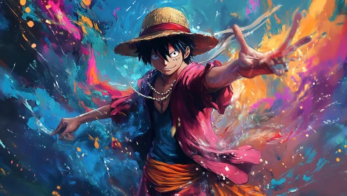 Straw hat anime character amid vivid abstract color field.