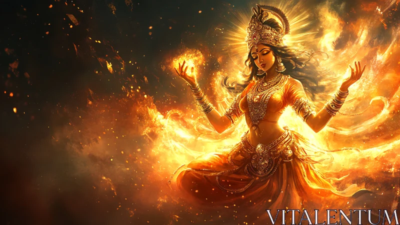 Radiant fire goddess dancing in swirling golden light.
