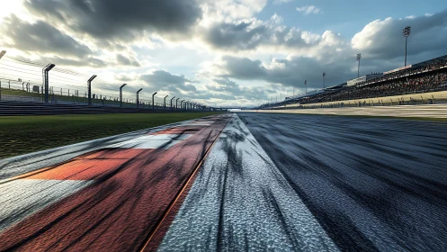 Rain-washed racetrack stretches toward a bright, expectant horizon