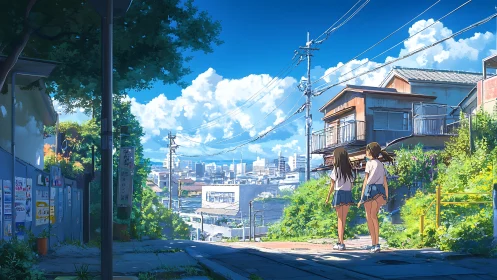 Summer hillside street with two girls overlooking cityscape.