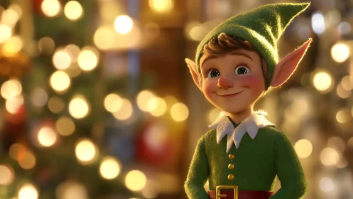 Smiling Christmas elf portrait amid golden holiday lights.