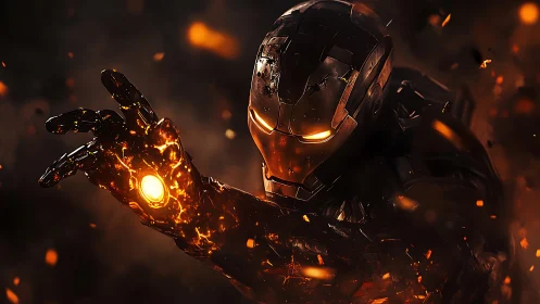 Molten armored hero emerging through sparks and shadowed fire.