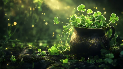 Bronze cauldron holds clover under soft forest light