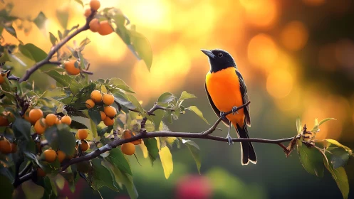 Vibrant orange songbird on fruit-laden branch, warm sunset bokeh.