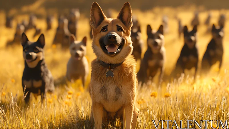 Dog group in sunlit field with central tan shepherd figure.