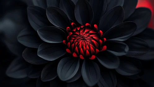 Black Dahlia Bloom with Crimson Center Against Dark Background.