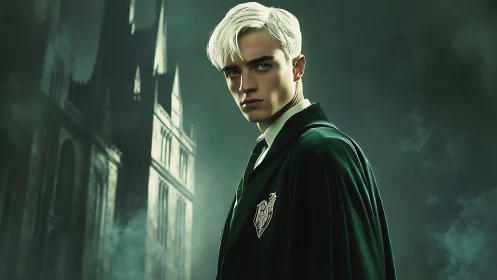 Brooding wizard student in dark green cloak at castle night.