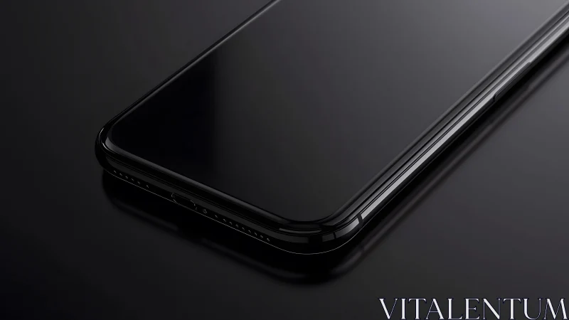 Sleek modern smartphone on black reflective surface, minimal style.