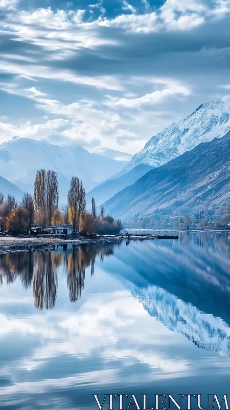 Snowy mountains frame a tranquil reflective alpine lake