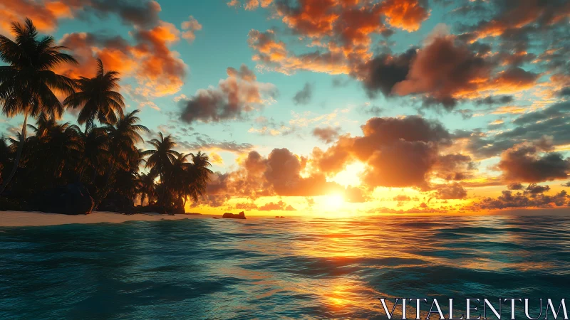 Tropical shoreline glows under saturated cinematic sunset light.