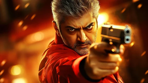 Intense silver‑haired gunman in dynamic orange bokeh action