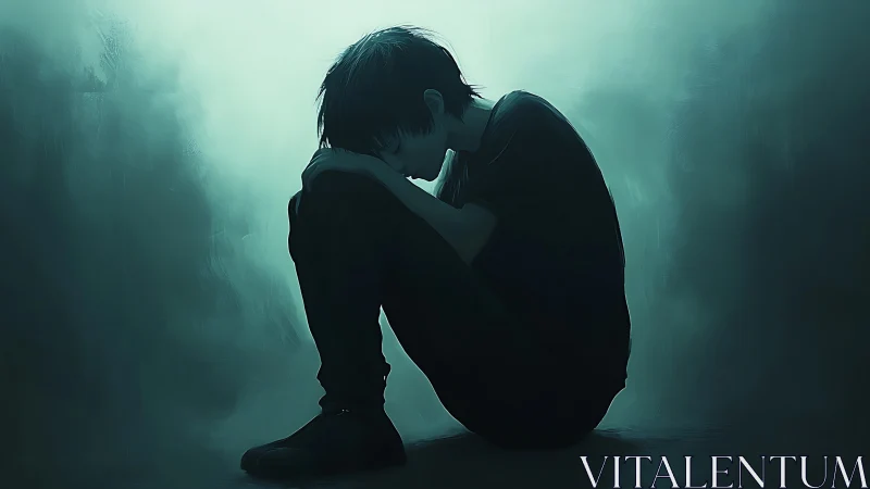 Solitary figure curled in shadowed teal environment.