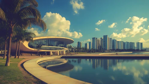 Futuristic waterfront pavilion beside highrise skyline at dusk.