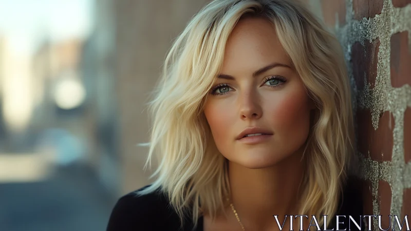 Blonde woman portrait against brick wall in soft daylight.