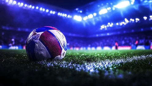 Floodlit soccer ball rests on dewy pitch in shallow focus