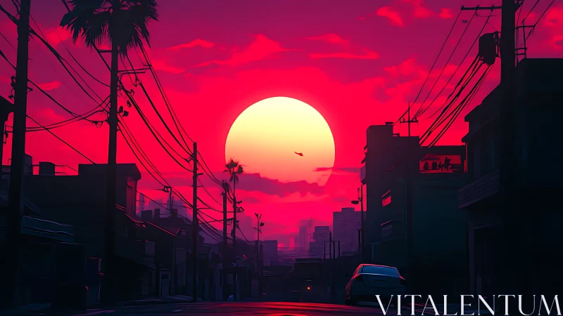 Neon magenta sunset dominates stylized urban streetscape