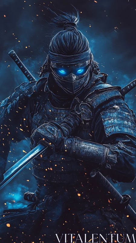 Armored cyber samurai with glowing eyes readies dual katanas