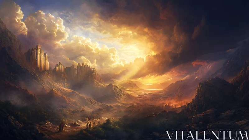 Golden citadel crowns vast storm-lit fantasy valley.