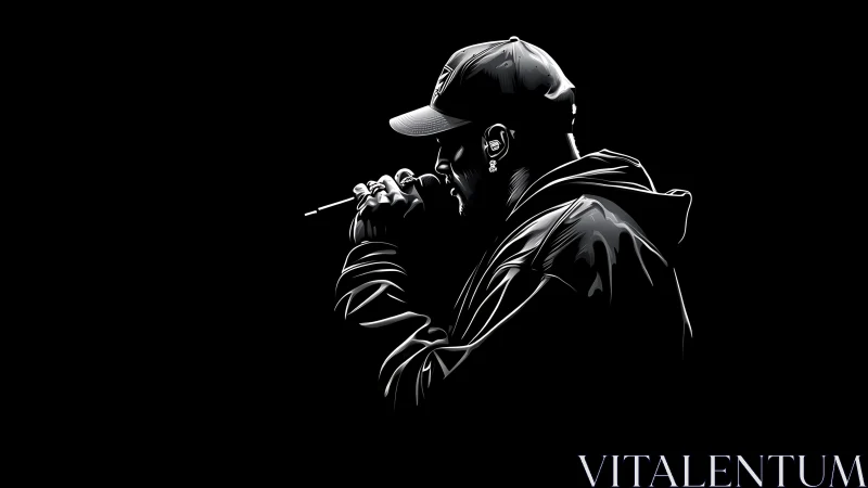 Rapper in monochrome profile grips microphone under stark light