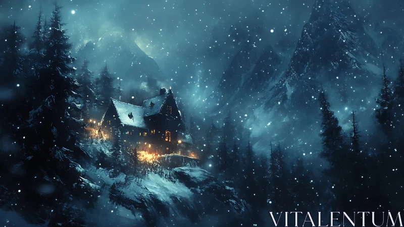 Snowy mountain cabin glows with warm winter lights at night.
