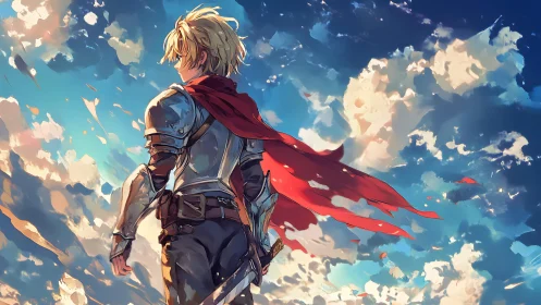 Skyward knight pauses beneath wild, wind-torn clouds.