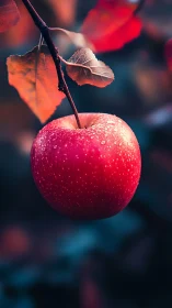 Ripe red apple hangs in soft autumn forest light.