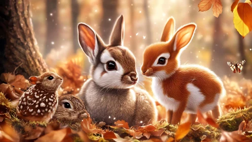 Autumn forest wildlife group rendered with high-detail fur shading