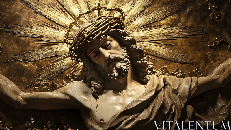 Stone crucifix figure with crown of thorns and radiating halo.