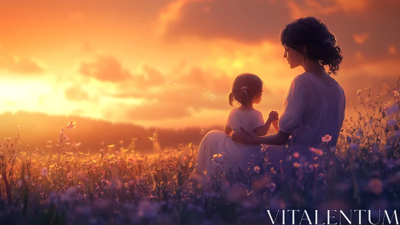 Mother and child share a golden sunset in a wildflower field