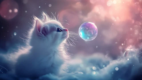 Fluffy White Kitten Mesmerized by an Iridescent Bubble