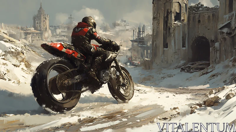 Snow-scorched rider carving tracks through frozen ruins.